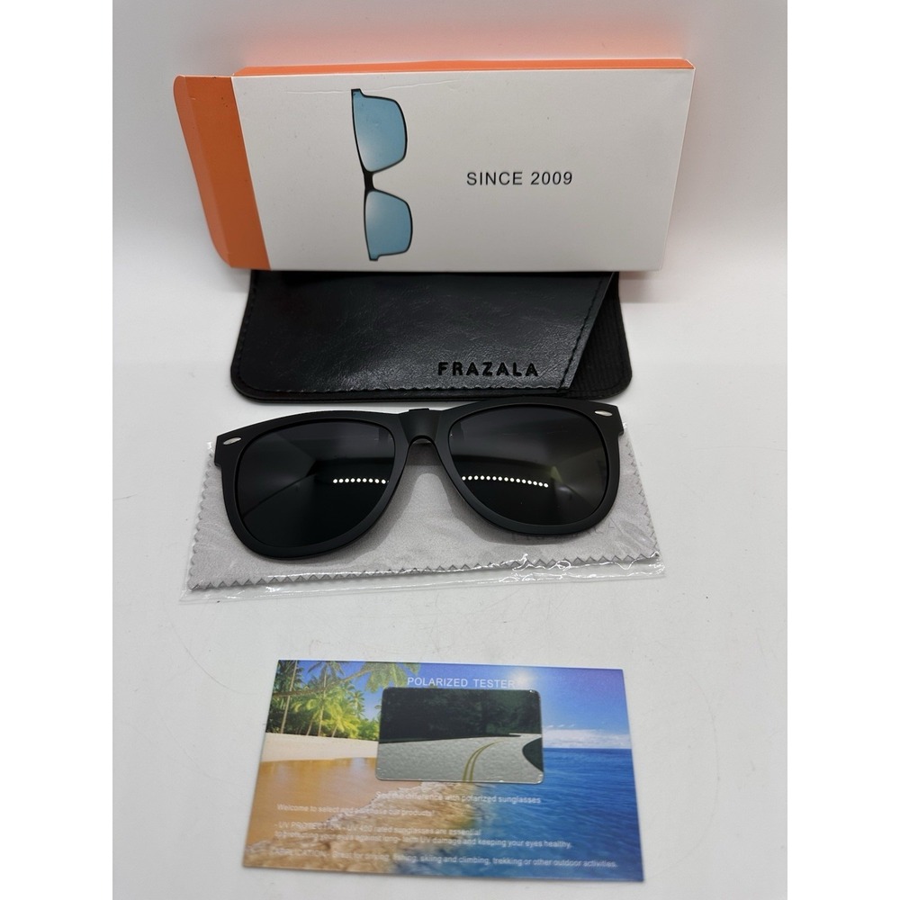 Frazala Polarized Clip On‎ Sunglasses Black Matte UV400 New w Case